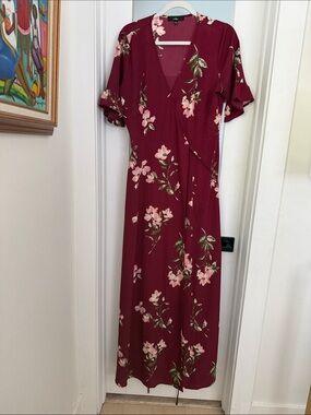 Lulu's Wine Floral Wrap Maxi Dress L